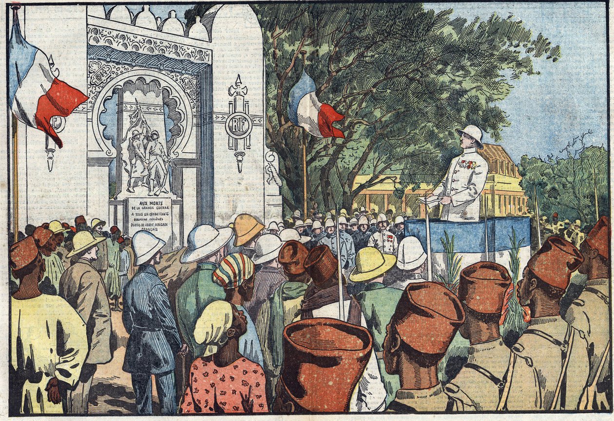 تدشين وزير المستعمرات أندريه ماجينو (1877-1932) في داكار النصب التذكاري لثلاثين ألف قتيل من غرب إفريقيا الفرنسية. رسم توضيحي لـ Damblans. في "" Le Pelerin "بتاريخ 10 مارس بواسطة يوجين دامبلانز