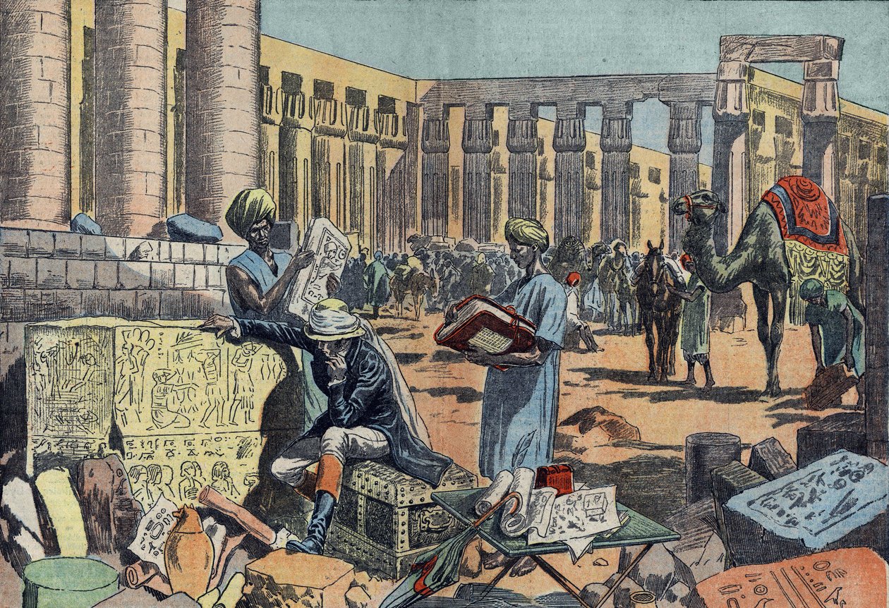 جان فرانسوا (جان فرانسوا) شامبليون (1790-1832) ، عالم مصريات فرنسي ، يدرس نقشًا بين أروقة طيبة. نقش من عام 1923. رسم Damblans. بواسطة يوجين دامبلانز