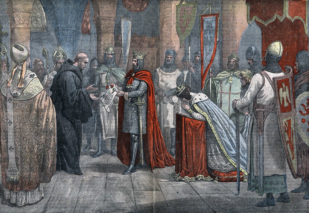 لويس السابع الصغير (1120-1180) ، ملك فرنسا ، غادرًا للحملة الصليبية الثالثة مع ألينور داكيتين (1122-1204) (أو إليونور دي جويان) ، سلم سلطات الوصاية إلى الحكيم والباحث سوجر آبي دير القديس دينيس بالقرب من باريس. Drawi بواسطة يوجين دامبلانز