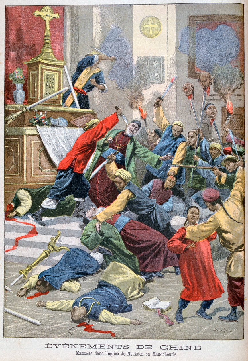 مذبحة في كنيسة موكدين ، ماندشوري ، الصين ، 1900 بواسطة يوجين دامبلانز