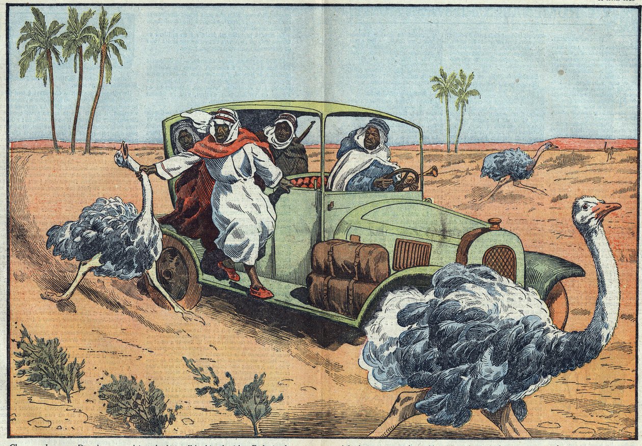 الصيد الحديث: في الصحراء العربية ، يدفع البدو الأثرياء الشباب النمساوي للقبض عليهم أحياء. رسم توضيحي لـ Damblans. في "" Le Pelerin "بتاريخ 16 أبريل بواسطة يوجين دامبلانز