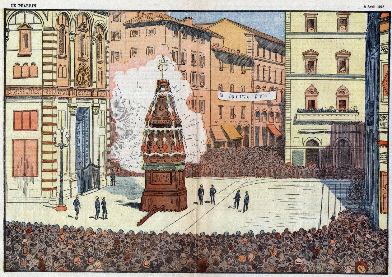 Scoppio del Carro (انفجار العربة) حدث شعبي لمدينة فلورنسا - رسم توضيحي لـ Damlans في أبريل 1928 بواسطة يوجين دامبلانز