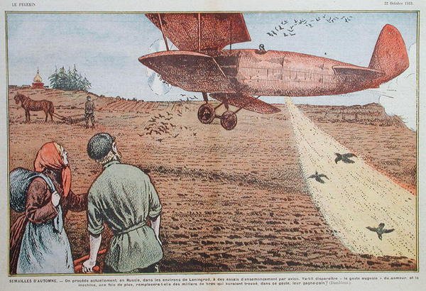 زرع بذور من طائرة في روسيا السوفيتية ، رسم توضيحي لمجلة 'le Pelerin' ، 22 أكتوبر 1933 (لون ليثو) بواسطة يوجين دامبلانز