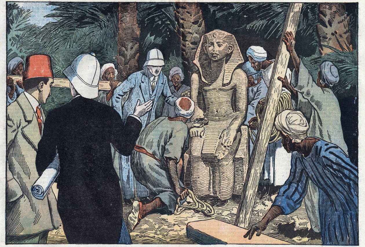 تكتشف البعثة الأثرية الفرنسية تمثالًا لمراهق سيزوستريس الثالث سيُحضر إلى متحف اللوفر. مدامود ، طيبة القديمة ، مصر. رسم توضيحي لـ Damblans. في "" Le Pelerin "بتاريخ 22 تشرين الثاني (نوفمبر) بواسطة يوجين دامبلانز
