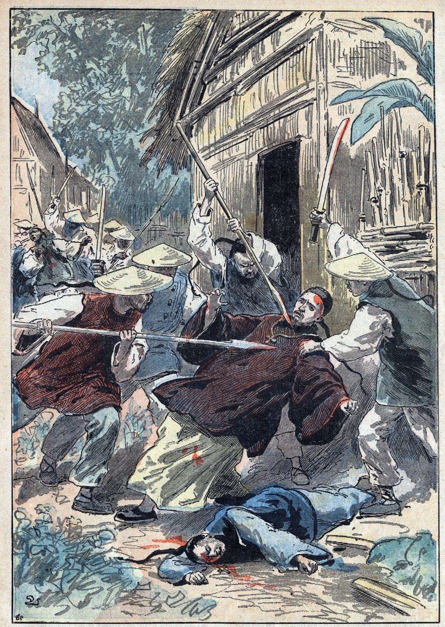 اغتيل الكاهن الفرنسي بيرثوليت (1865-1898) ، كاهن البعثات الأجنبية ، على يد الحرس الوطني الصيني بالقرب من بلدة يون نجان تشيو (يون نجان تشيو) في 21 أبريل 1898. رسم توضيحي للدمبلان في "" Le Pelerin " "بتاريخ 10 يوليو بواسطة يوجين دامبلانز