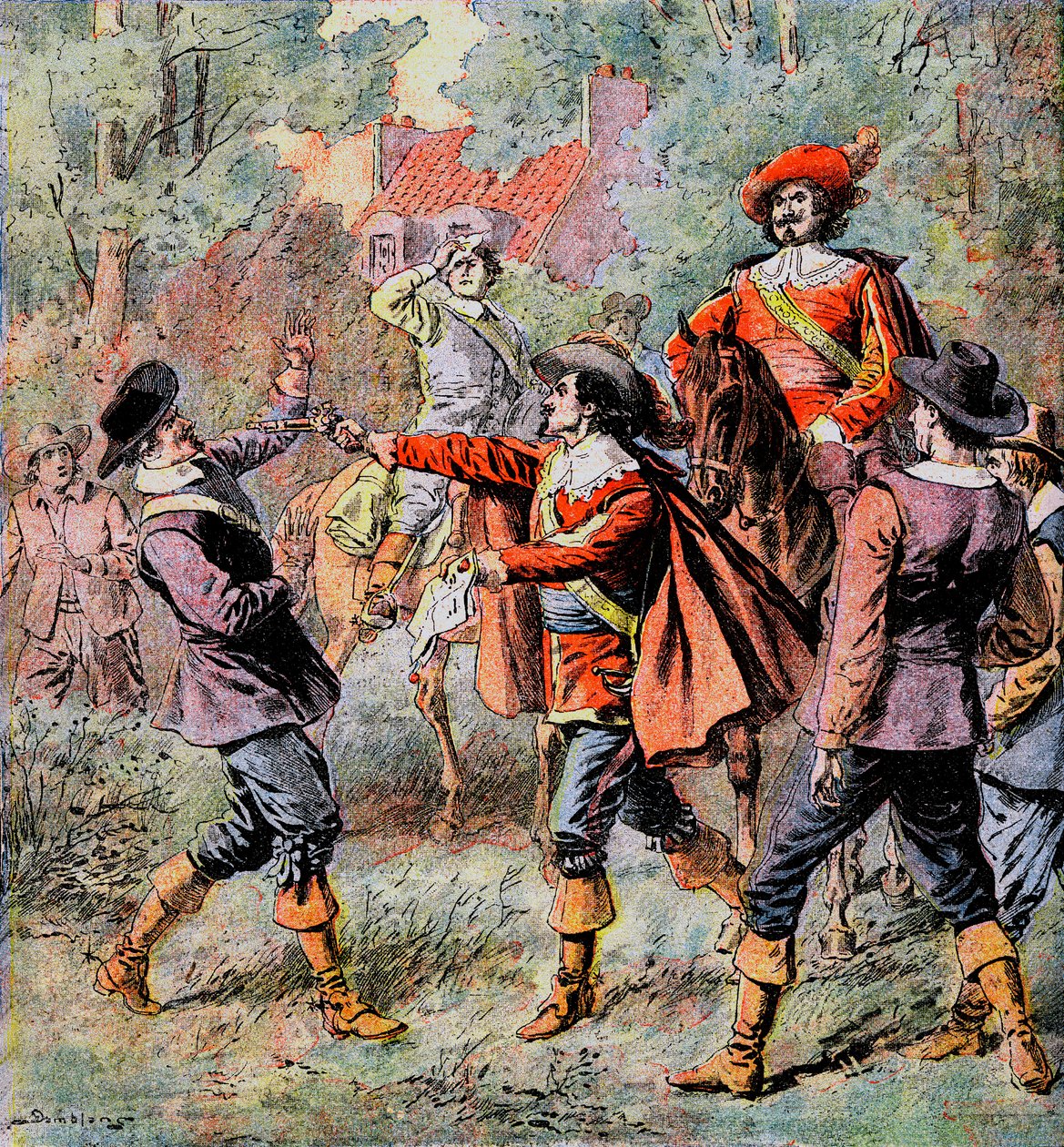 الفارس من Artagnan ، برفقة صديقه Porthos ، يهدد الخصم بمسدسه - رسم Damblans لرواية "The Three Musketeers" للكاتب ألكسندر دوما في "Diary des Roman populaires Illustrations" "بداية القرن العشرين - بواسطة يوجين دامبلانز