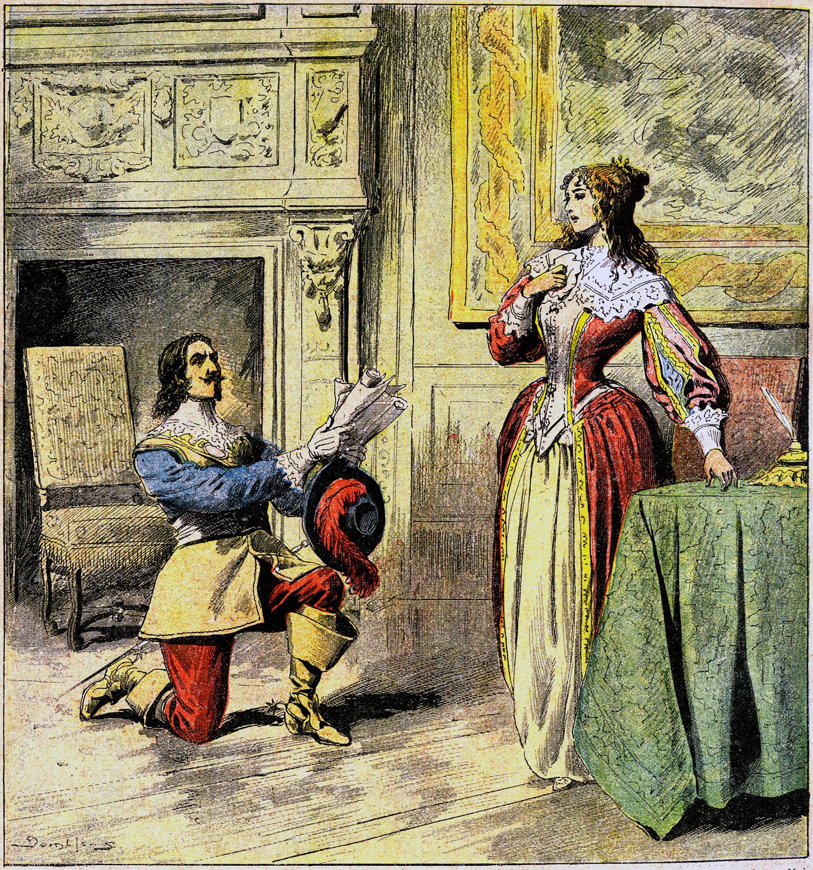 ركع الفارس في Artagnan عند قدمي الملكة آن من النمسا لإرجاع رسائلها - رسم توضيحي من Damblans لرواية "Ving ans Apres" للكاتب ألكسندر دوما في "Journal of Illustrous Folk Romans" "بداية القرن العشرين بواسطة يوجين دامبلانز