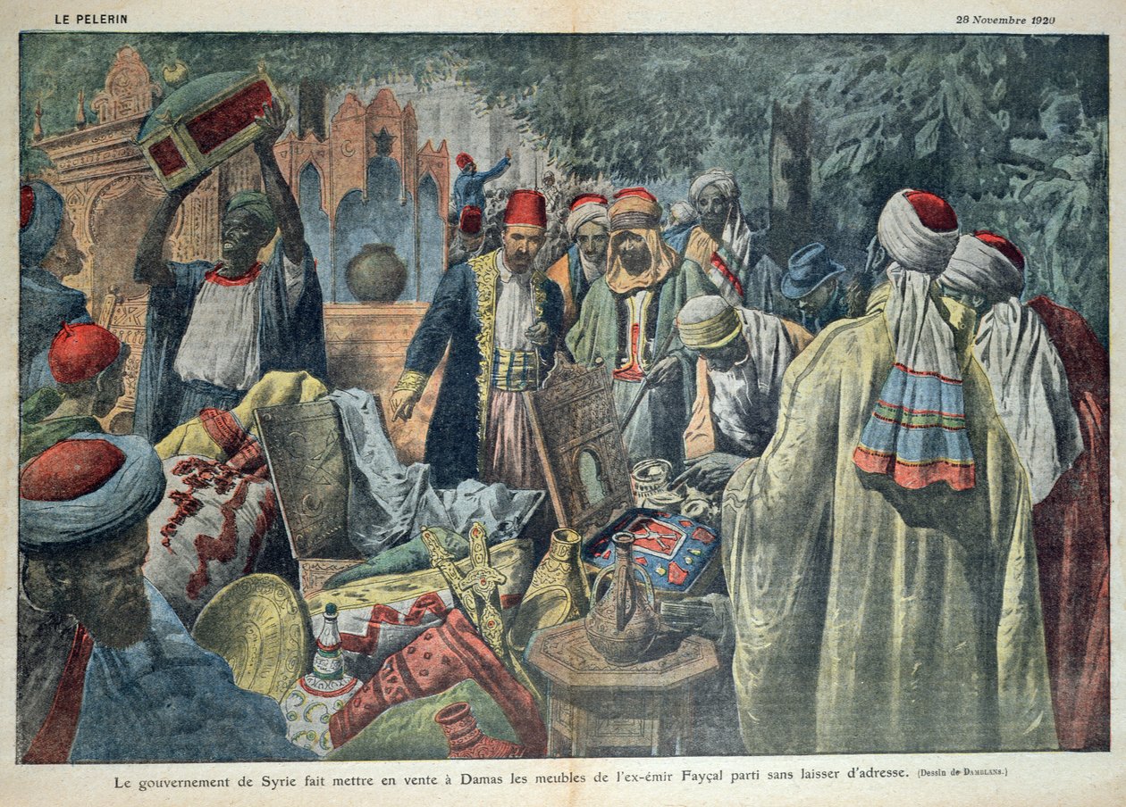 بيع الحكومة السورية لبضائع الأمير فيصل (1883-1923) في دمشق ، صورة من مجلة "لو بيليرين" ، 20 تشرين الثاني 1920 بواسطة يوجين دامبلانز