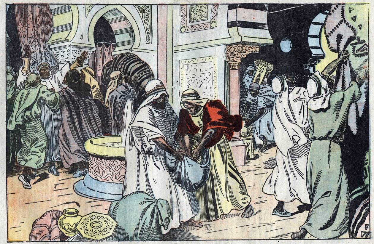 الوهابيون ، بعد أن استولوا على مكة ، نهبوا قصر الملك حسين. رسم توضيحي لـ Damblans. في "" Le Pelerin "عدد 2 تشرين الثاني (نوفمبر) بواسطة يوجين دامبلانز