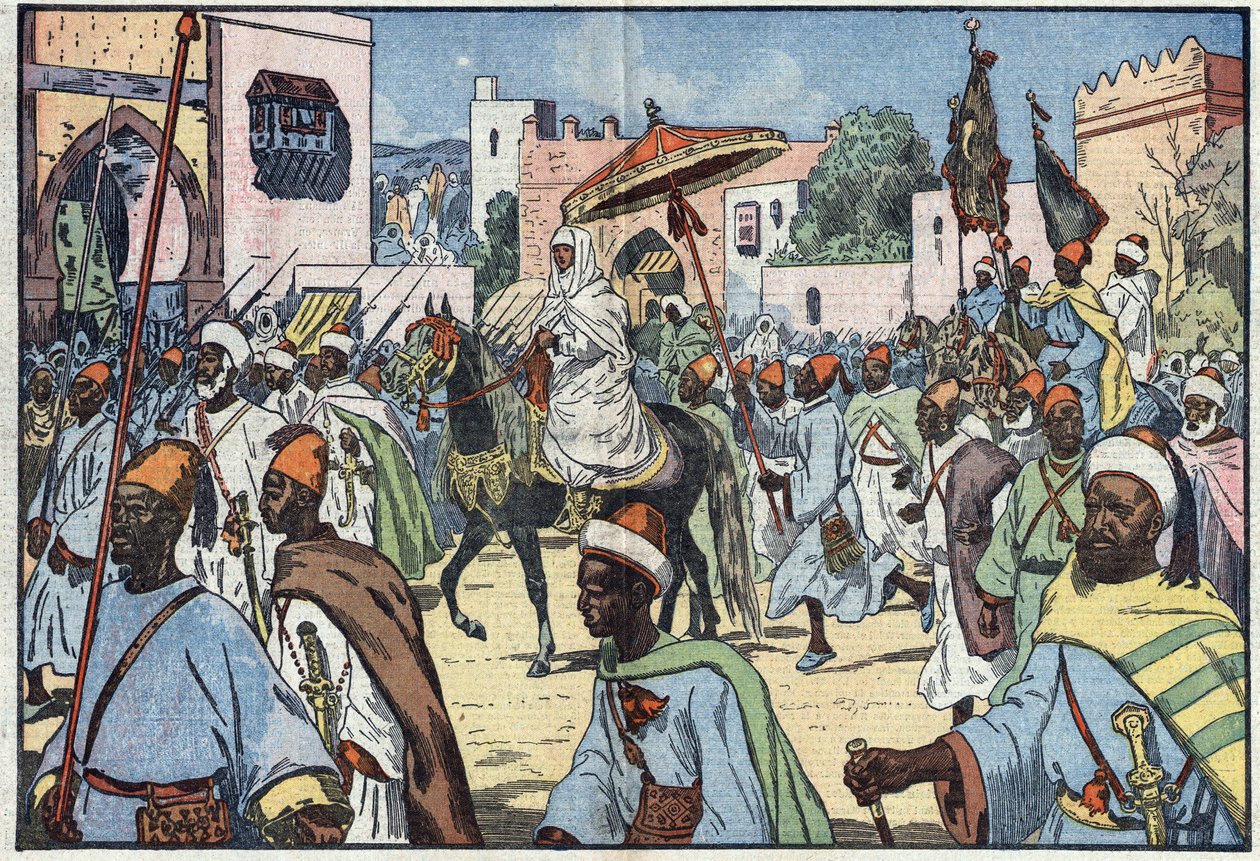 سلطان المغرب الجديد ، مولاي محمد ، يدخل مدينة الرباط. رسم توضيحي لـ Damblans. في "" Le Pelerin "بتاريخ 4 كانون الأول (ديسمبر) بواسطة يوجين دامبلانز