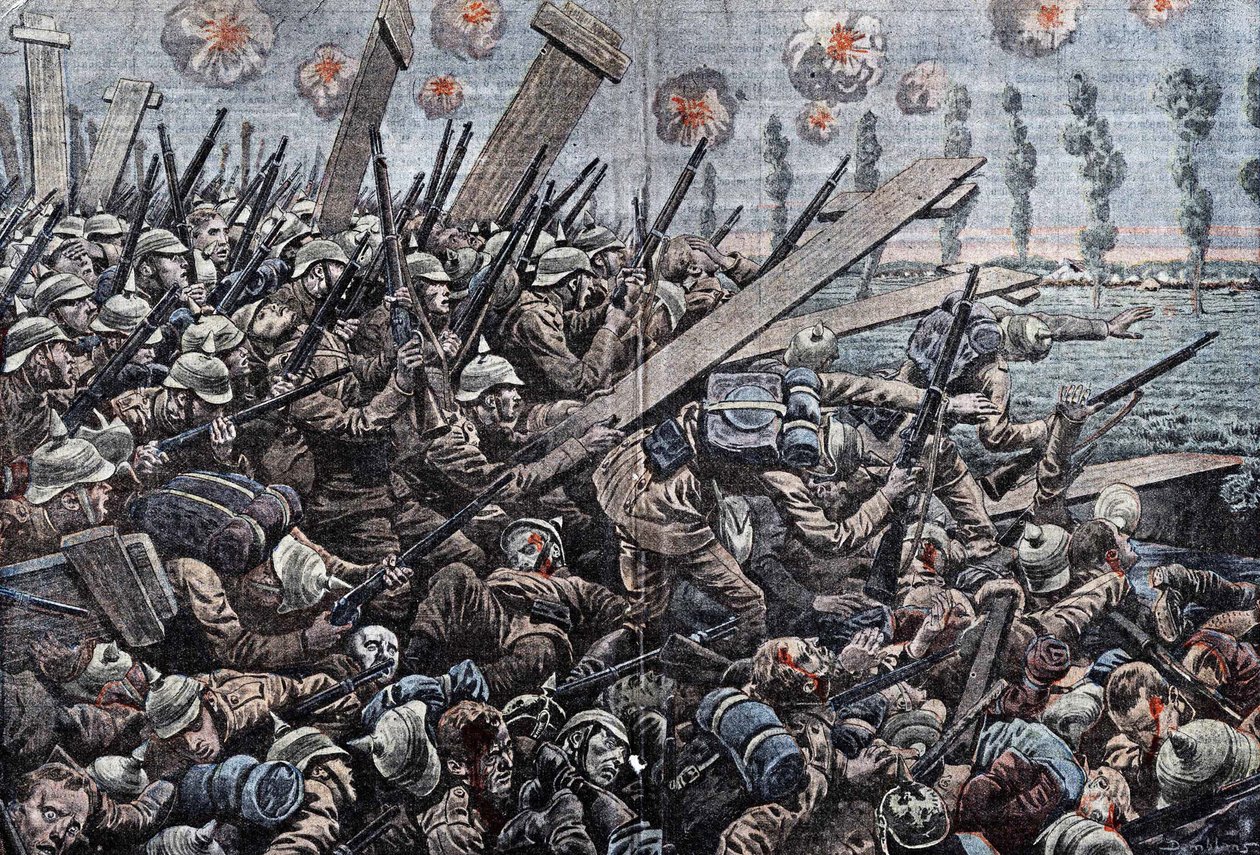 حرب 1914-1918. جبهة بلجيكا 1914. جنود ألمان على اليسر. الرسم بواسطة Damblans. بواسطة يوجين دامبلانز