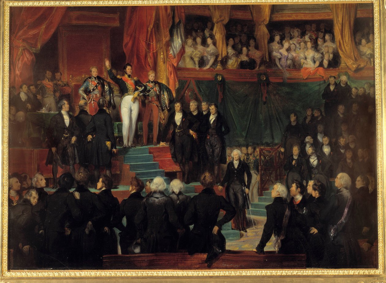ثورة 1830: "" أقسم الملك لويس فيليب الأول (1773-1850) على الحفاظ على ميثاق 1830 في حضور الغرف التي تم لم شملها في القاعة المؤقتة في قصر بوربون في 9 أغسطس بواسطة يوجين ديفيريا