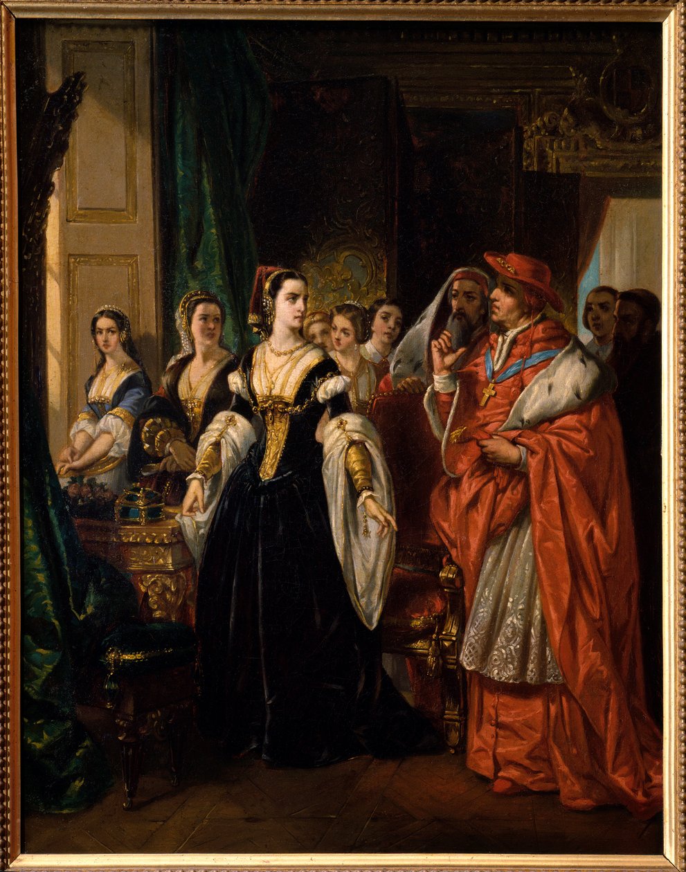 The Divorce of Henry VIII: Cardinal Thomas Wolsey (1475-1530) and Catherine of Aragon (1485-1536) in 1533 - Scene of the play “The Famous History of the Life of King Henry the Eighth” by William Shakespeare - Painting by Eugene Deveria (1808-1865) بواسطة يوجين ديفيريا