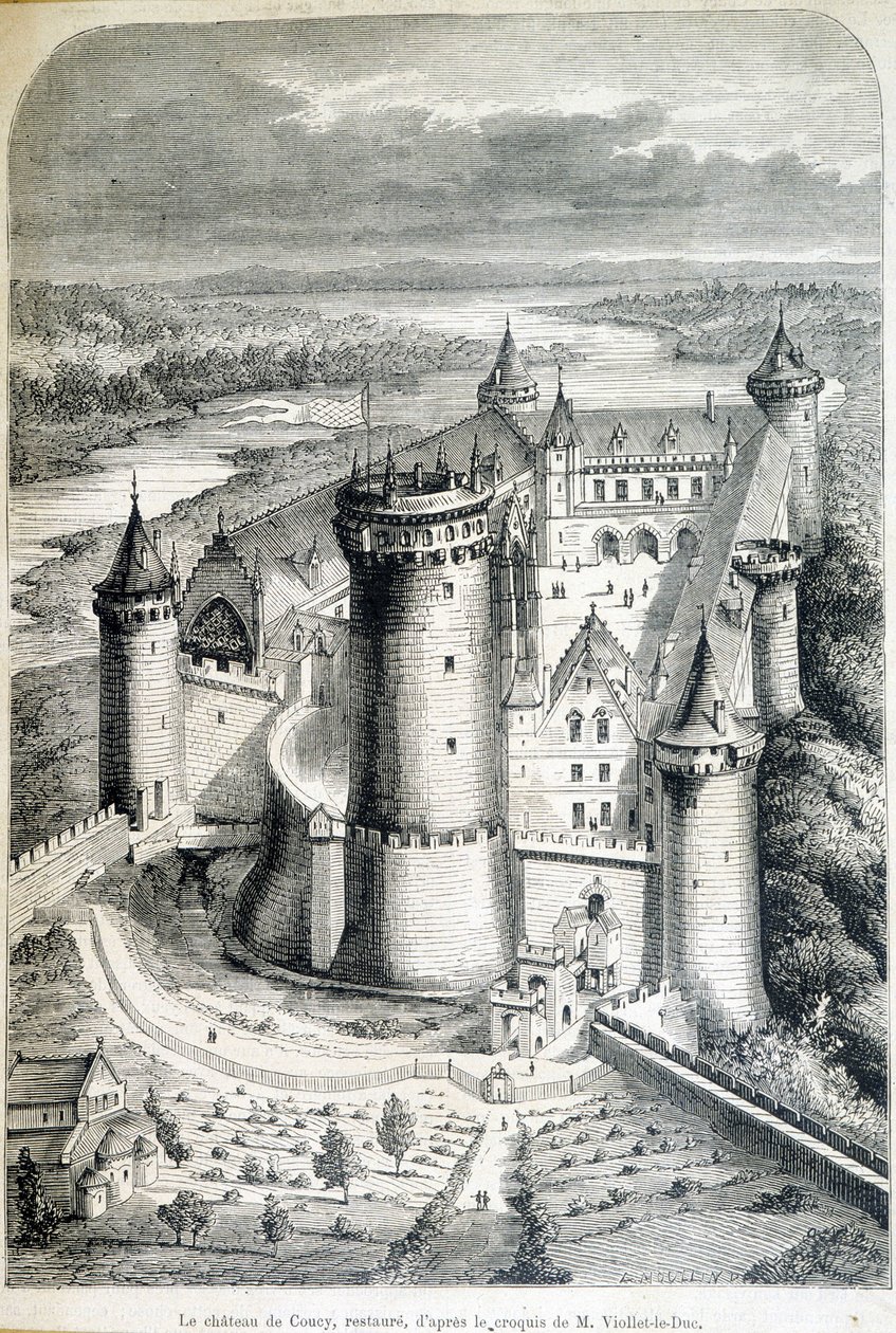 Le chateau de Coucy ، يعيد - نقش من الرسم // بواسطة Eugene Viollet-le-Duc (Viollet le Duc) (1814-1879) - "" Le Monde اللامع "" "في 8/05/1858. بواسطة يوجين إيمانويل (بعد) فيوليت لو دوك