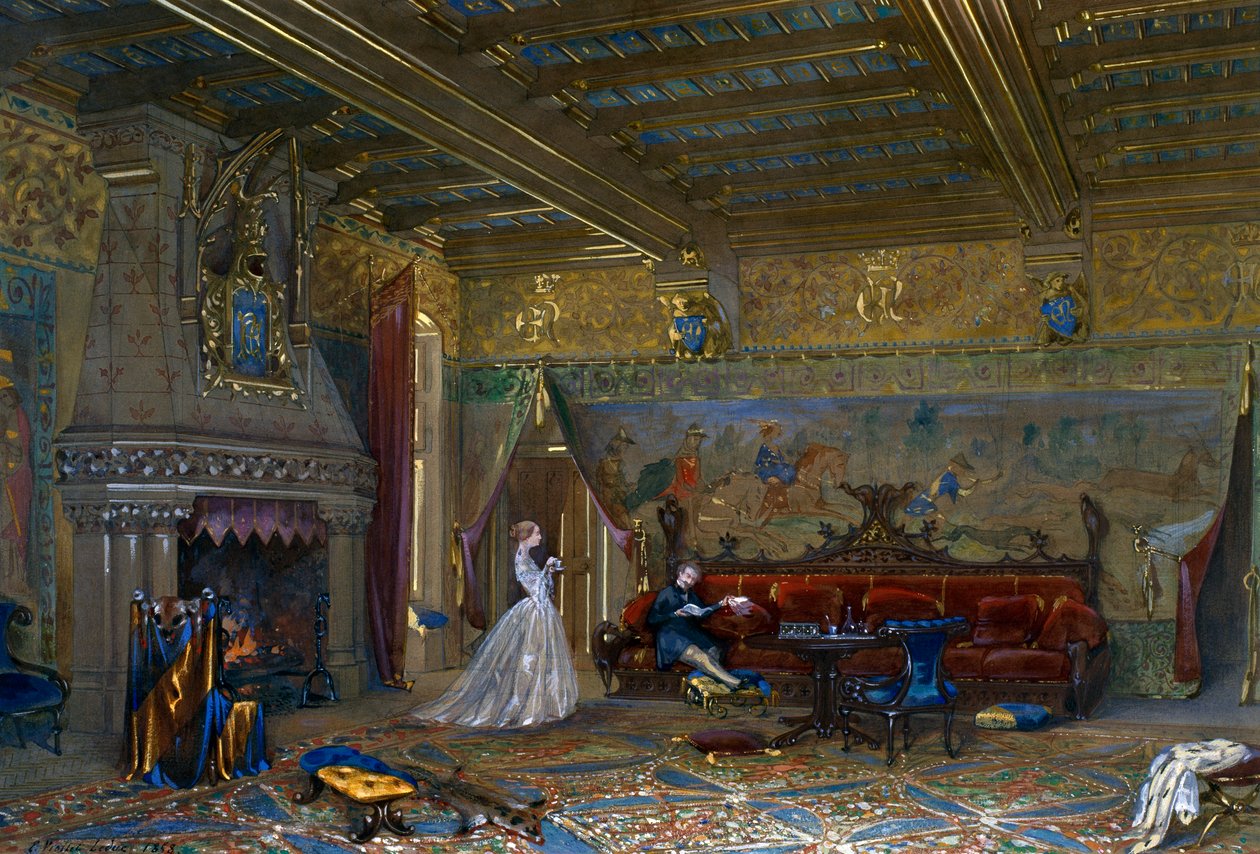 تصميم قاعة على الطراز القوطي لـ Chateau de Pierrefonds مع الإمبراطور والإمبراطورة بواسطة يوجين إيمانويل فيوليت لو دوك