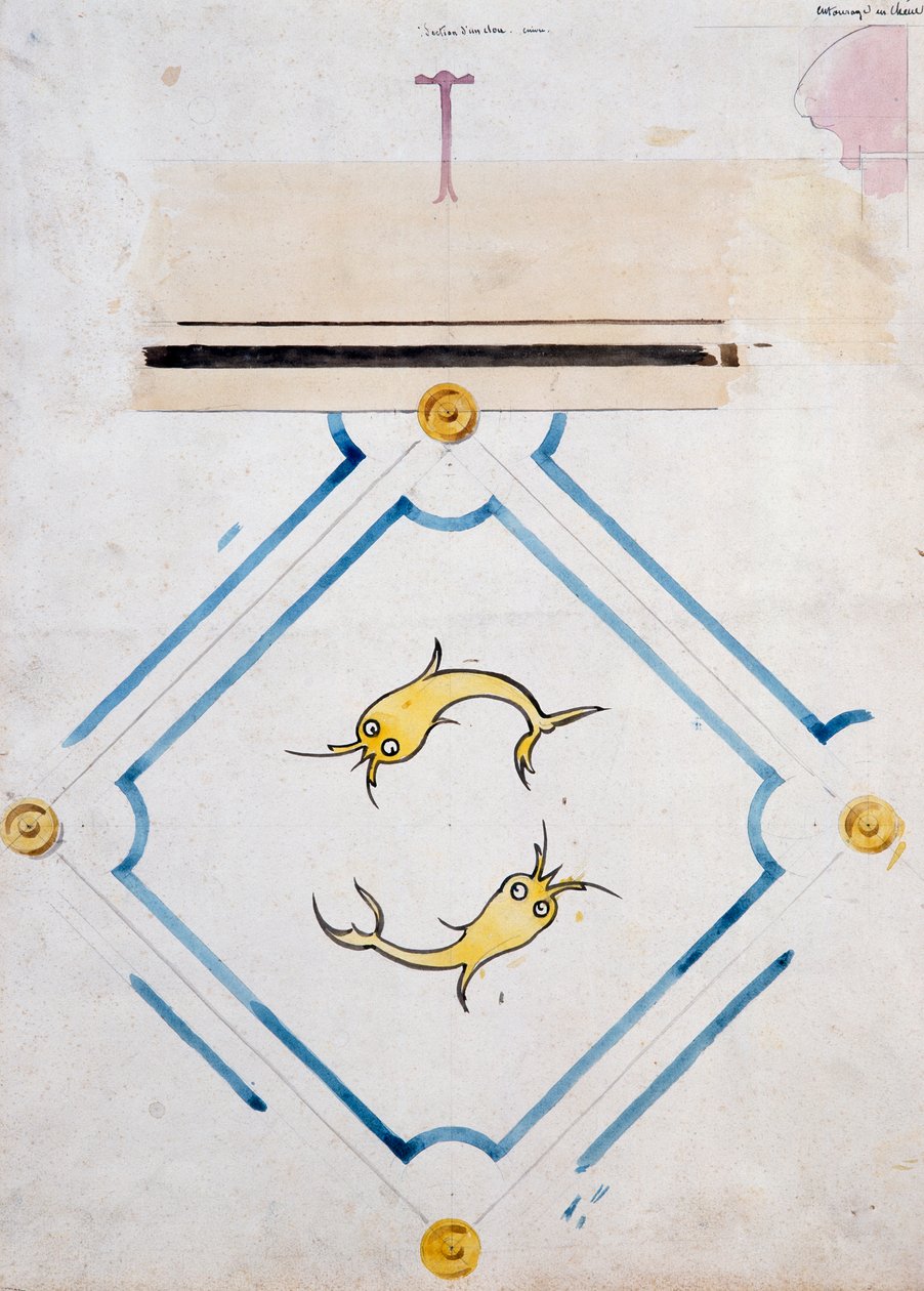 زخارف لبلاط الحمام ، Chateau d'Eu ، بواسطة Eugene Emmanuel Viollet-Le-Duc (1814-1879) ، رسم بالألوان المائية بواسطة يوجين إيمانويل فيوليت لو دوك