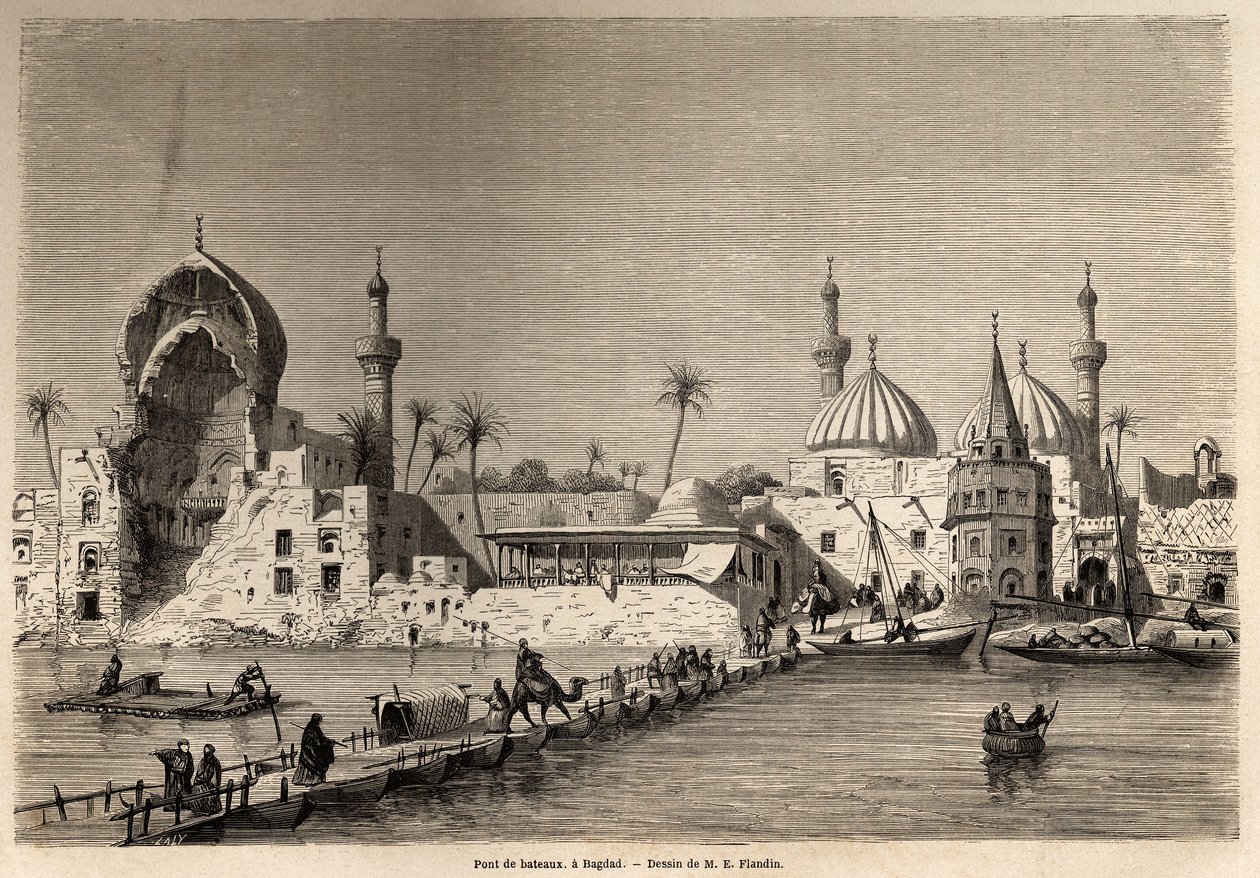 جسر قارب في بغداد رسمه يوجين فلاندين (1809-1876) لتوضيح رحلته إلى بلاد ما بين النهرين في 1840-1842. نقش في "" Le Tour du monde "" 1861. مجموعة سيلفا. بواسطة يوجين فلاندين