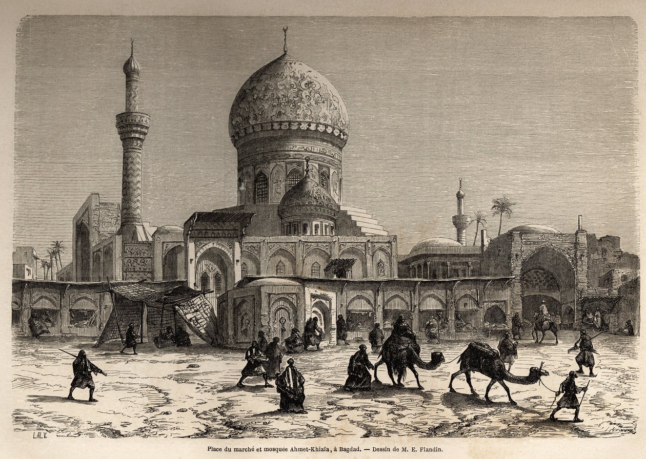 ساحة ماركي ومسجد أحمد خييا في بغداد رسمهما يوجين فلاندين (1809-1876) لتوضيح رحلته إلى بلاد ما بين النهرين في 1840-1842. نقش في "" Le Tour du monde "" 1861. مجموعة سيلفا. بواسطة يوجين فلاندين