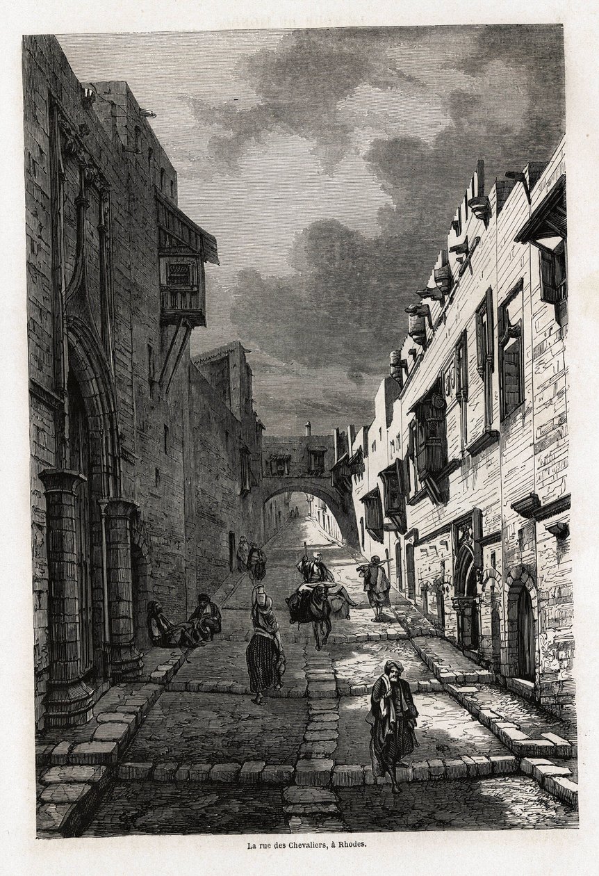 شارع des chevaliers ، في رودس ، رسمه يوجين فلاندين ، لتوضيح رحلته إلى جزيرة رودس في عام 1844. نقش في "" Le tour du monde "، تحرير إدوارد شارتون بواسطة يوجين فلاندين