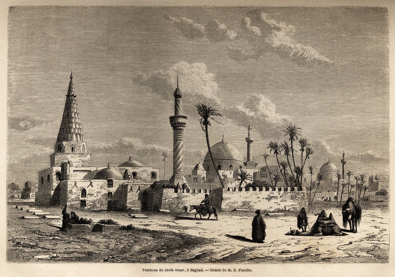 قبر الشيخ عمر ، في بغداد ، رسم يوجين فلاندين (1809-1876) ، لتوضيح رحلته إلى بلاد ما بين النهرين في 1840-1842. نقش في "" Le Tour du monde "" 1861. مجموعة سيلفا. بواسطة يوجين فلاندين