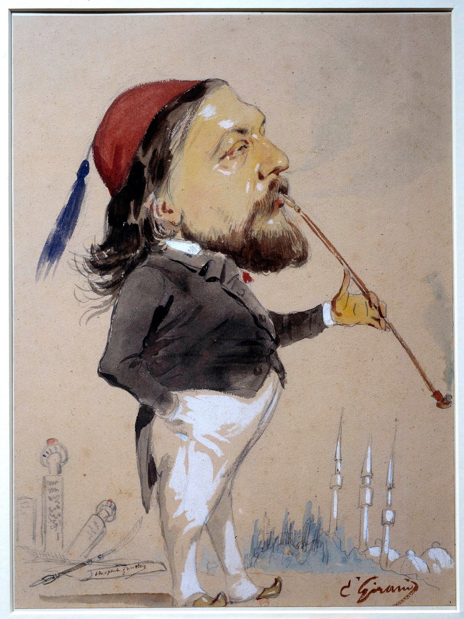 صورة لثيوفيل غوتييه (1811-1872) وهو يدخن رسمه الشيبوك والألوان المائية بواسطة يوجين جيرود (1806-1881) 1862 باريس ، ب. بواسطة يوجين جيرو
