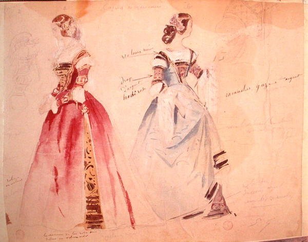 تصميمان للأزياء النسائية في وقت إنشاء "Les Caprices de Marianne" بواسطة ألفريد دي موسيه (1810-1857) (ألوان مائية على الورق) بواسطة يوجين جيرو