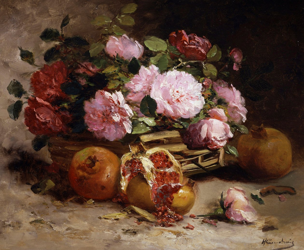 طبيعة صامتة للورود والرمان. لوحة رسمها يوجين هنري كوشوا (1850-1911) مجموعة خاصة. بواسطة يوجين هنري كوتشوا