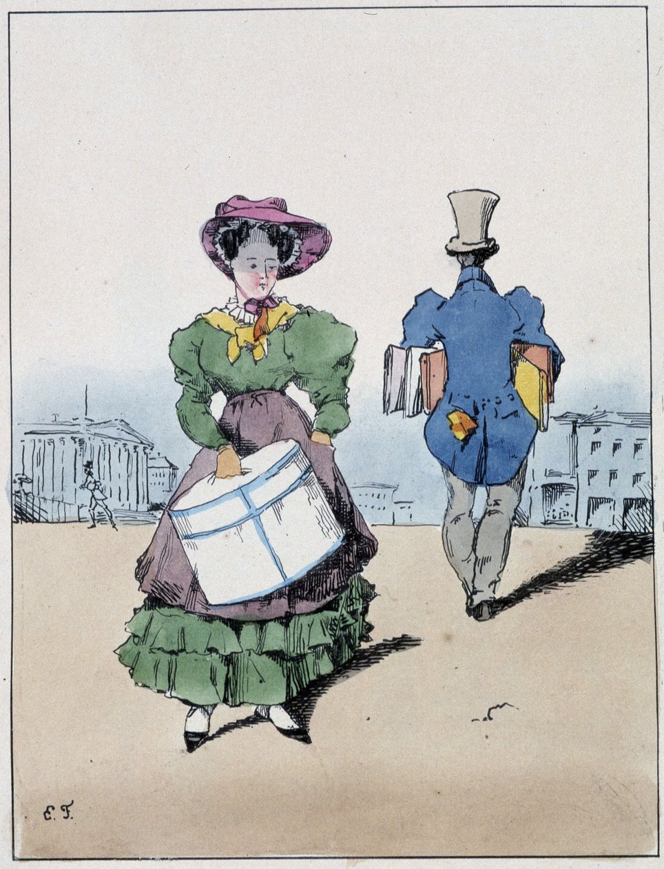 A woman and a man wearing packages, cross rue Vivienne - in “” Souvenirs d