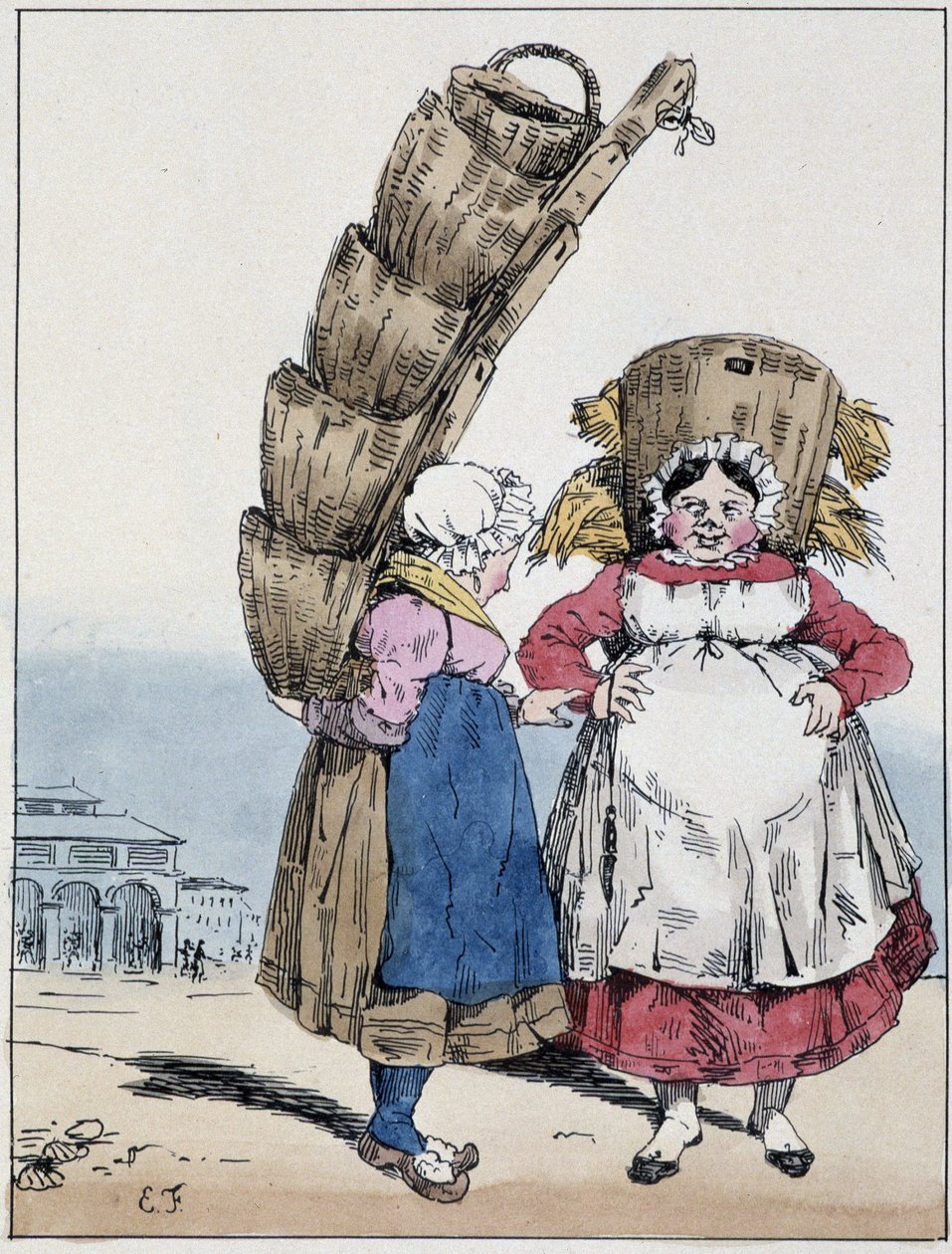 La halle: امرأتان تتحدثان وترتديان سلال - في "" Souvenirs d'un loafneur "بقلم Eugène Forest، ed. Delpech، Paris، v 1830 بواسطة غابة يوجين هيبوليت