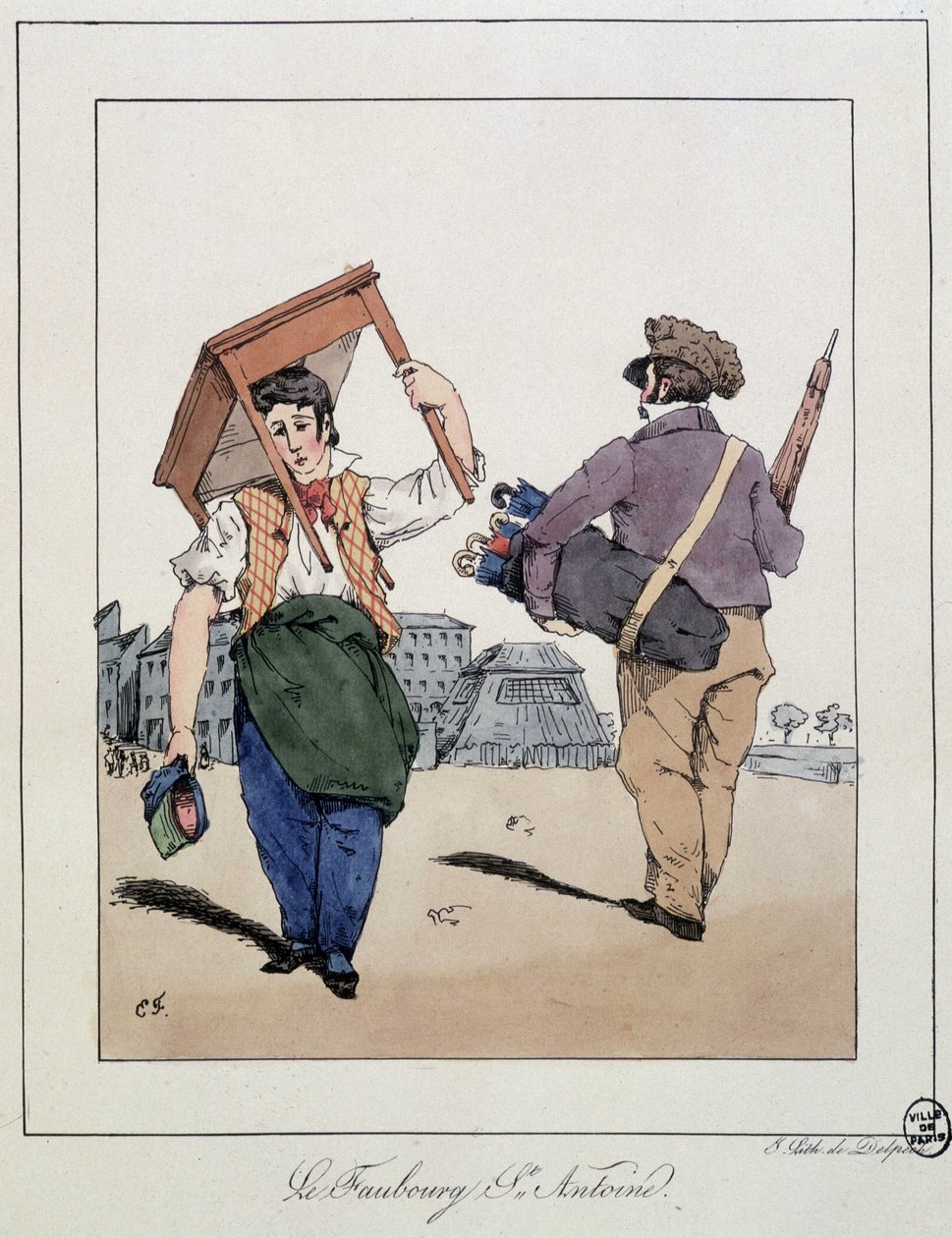 Le Faubourg St Antoine: مصلح أثاث وتاجر مظلات على الأقدام - في "" Souvenirs d'un loâneur "بقلم Eugène Forest ، محرر. ديلبيك ، باريس ، ج ١٨٣٠ بواسطة غابة يوجين هيبوليت