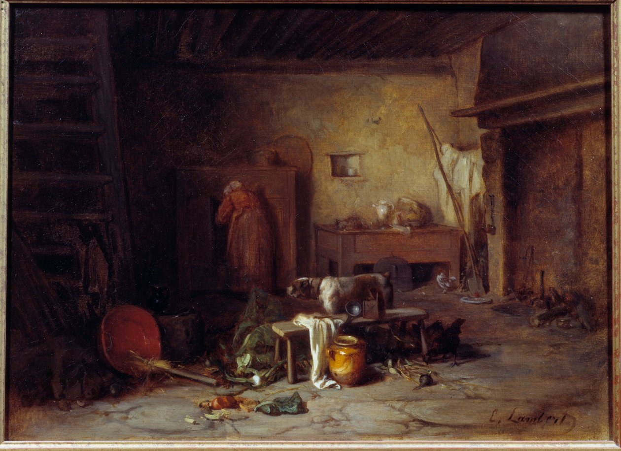 المطبخ الداخلي في Nohant Cuisine de la maison de George Sand (Aurore Dupin، Baronne Dudevant) (1804-1876) (؟). لوحة للفنان يوجين لامبرت (1825-1900) القرن التاسع عشر في باريس ، متحف الحياة الرومانسية بواسطة يوجين لامبرت