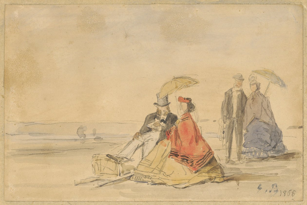 زوجان جالسان وزوجان يمشيان على الشاطئ ، 1865. بواسطة يوجين لويس بودين