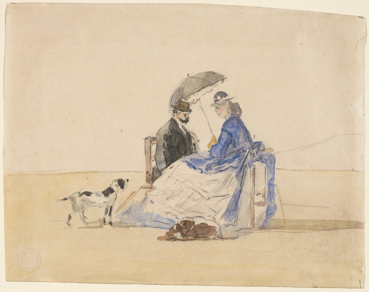 زوجان جالسان على الشاطئ مع كلبين ، ج. 1865. بواسطة يوجين لويس بودين