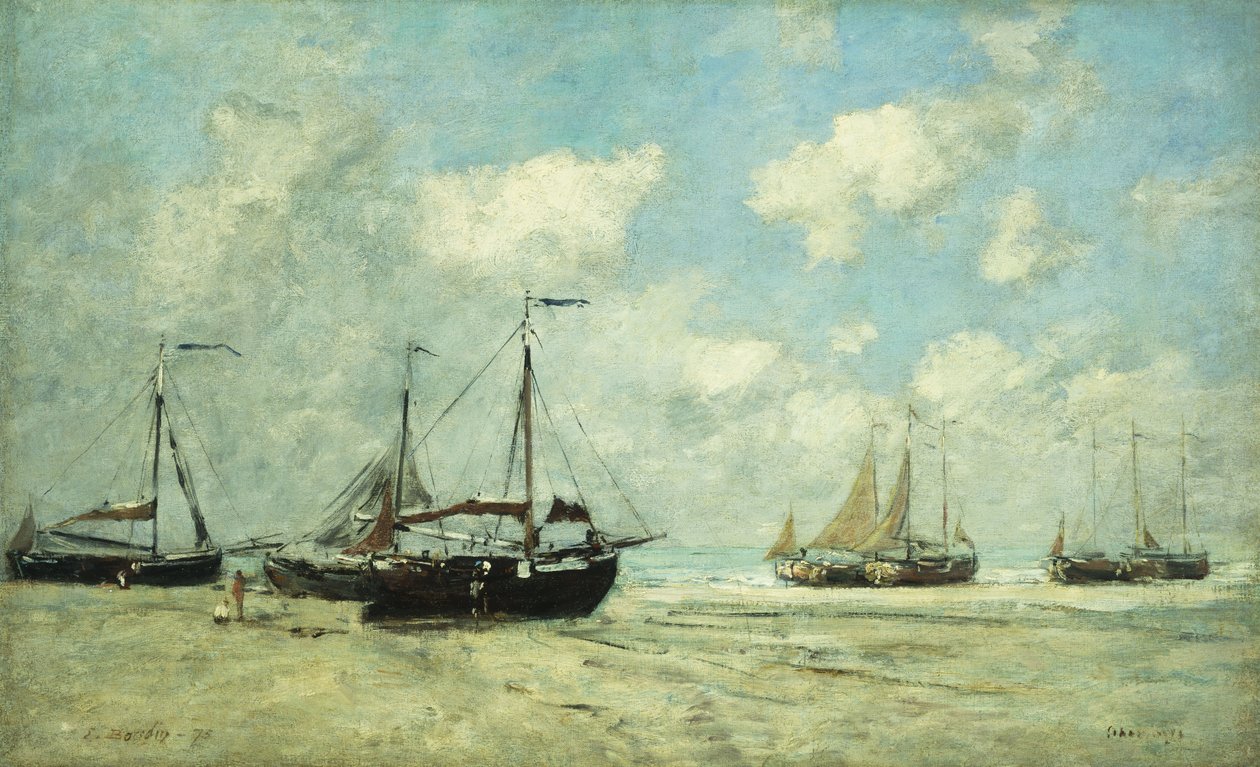 القوارب على الشاطئ في Scheveningen ؛ Scheveningue ، فشل القوارب في Greve ، 1875 بواسطة يوجين لويس بودين