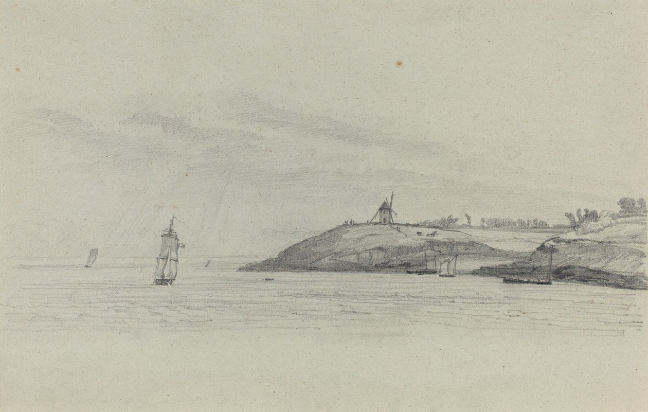 المناظر الطبيعية الساحلية مع الشحن وطاحونة الهواء في المسافة ، ج. 1858. بواسطة يوجين لويس بودين