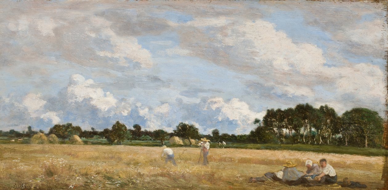 صناعة القش (Le Foins) ، 1870-90 (زيت على لوح بلوط) بواسطة يوجين لويس بودين