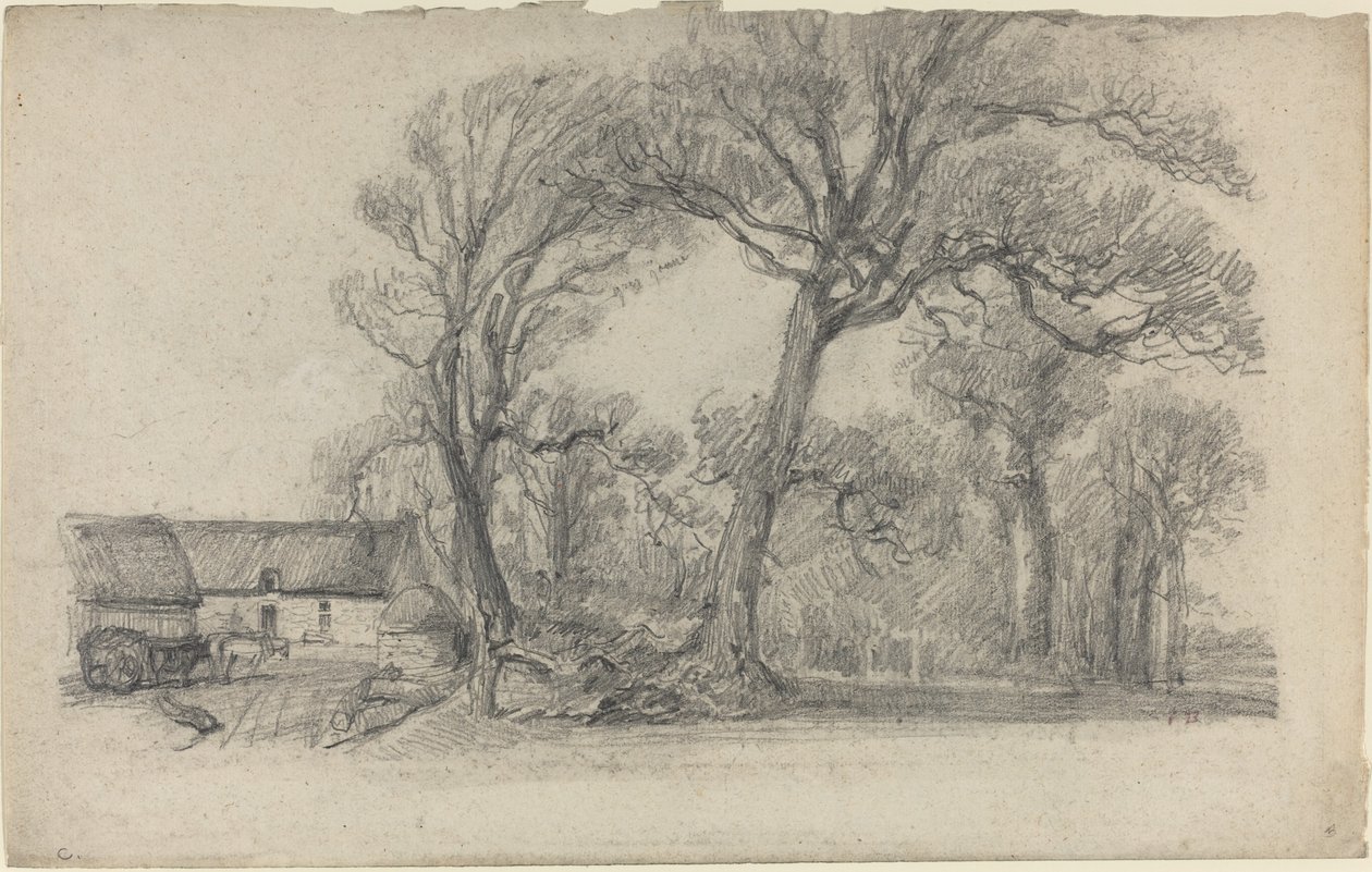 المناظر الطبيعية مع الأشجار ، الكوخ ، وعربة المزرعة ، ج. 1858. بواسطة يوجين لويس بودين