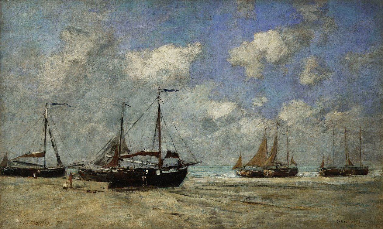 Scheveningen ، تشغيل القوارب على الشاطئ ؛ Scheveningen ، Bateaux Echoues sur la Greve ، 1875 بواسطة يوجين لويس بودين