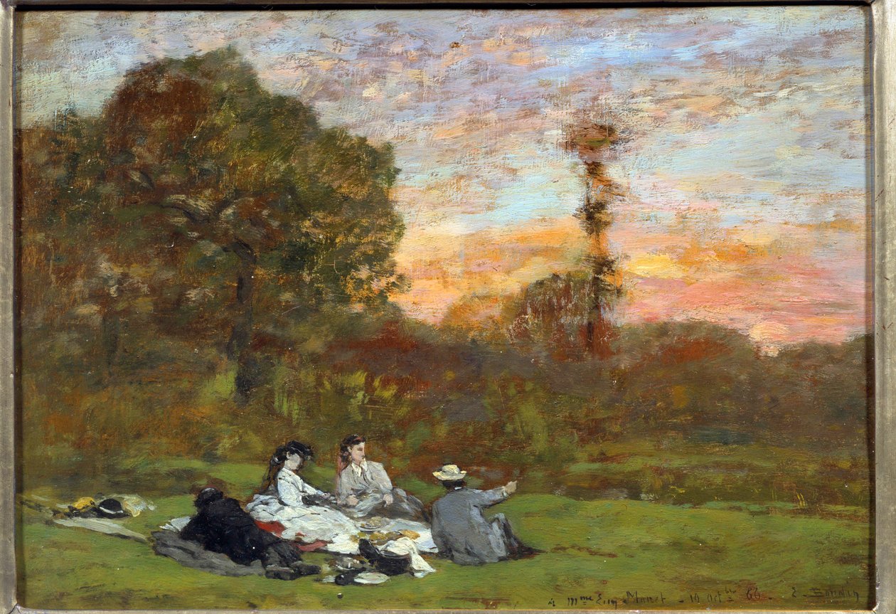 الإفطار على العشب لوحة يوجين لويس بودين (1824-1898) 1866 صن. 0،17 × 0،25 م باريس ، متحف أورسيه بواسطة يوجين لويس بودين