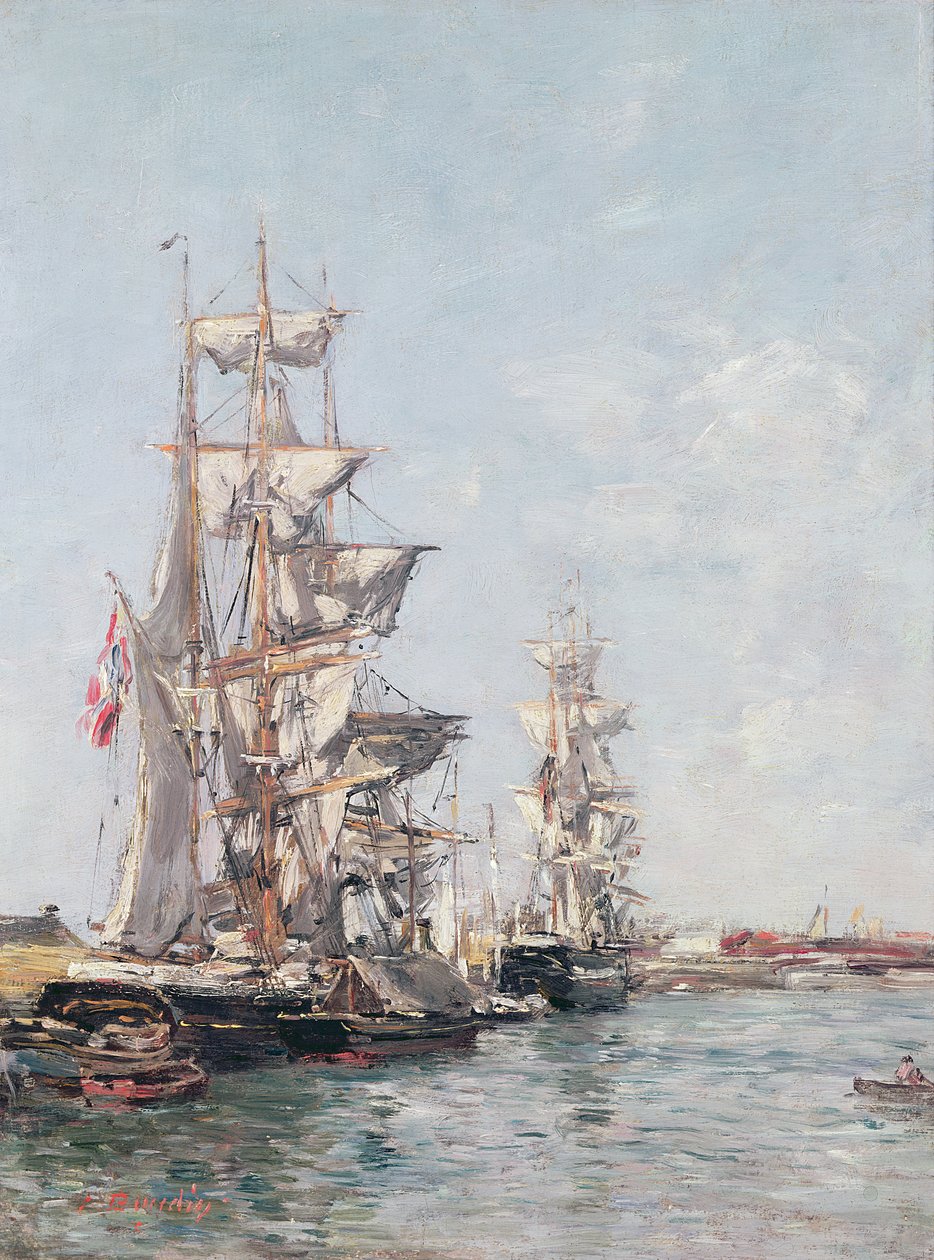 القوارب الثلاثة السارية في الرصيف في ميناء دوفيل ، c.1888-89 بواسطة يوجين لويس بودين