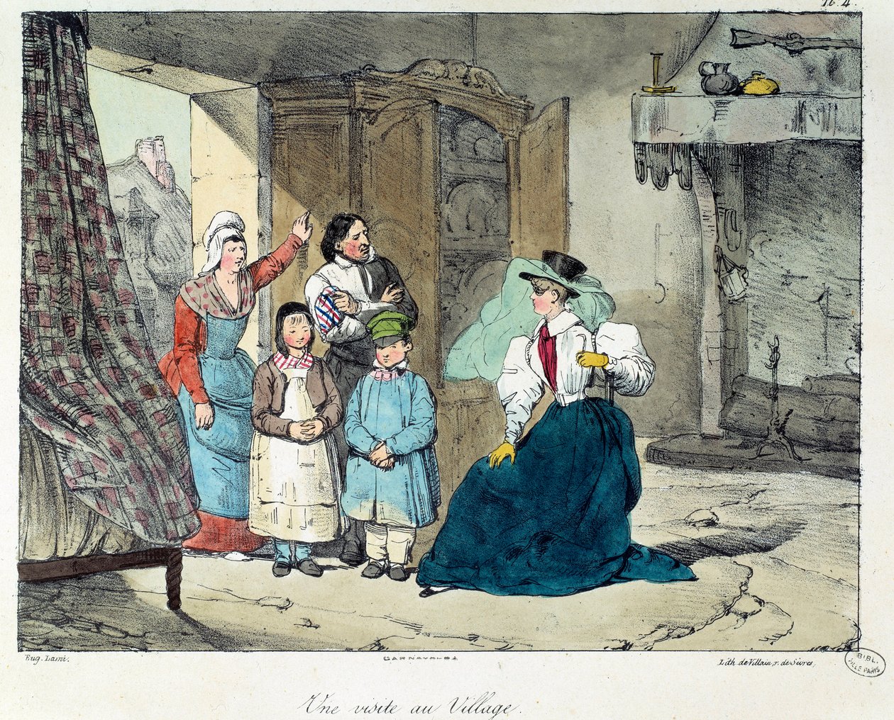 زيارة القرية. امرأة غنية تزور أسرة فقيرة. رسم توضيحي لكتاب "La vie de chateau". نقش يوجين لويس لامي (1800-1890) بواسطة يوجين لويس لامي