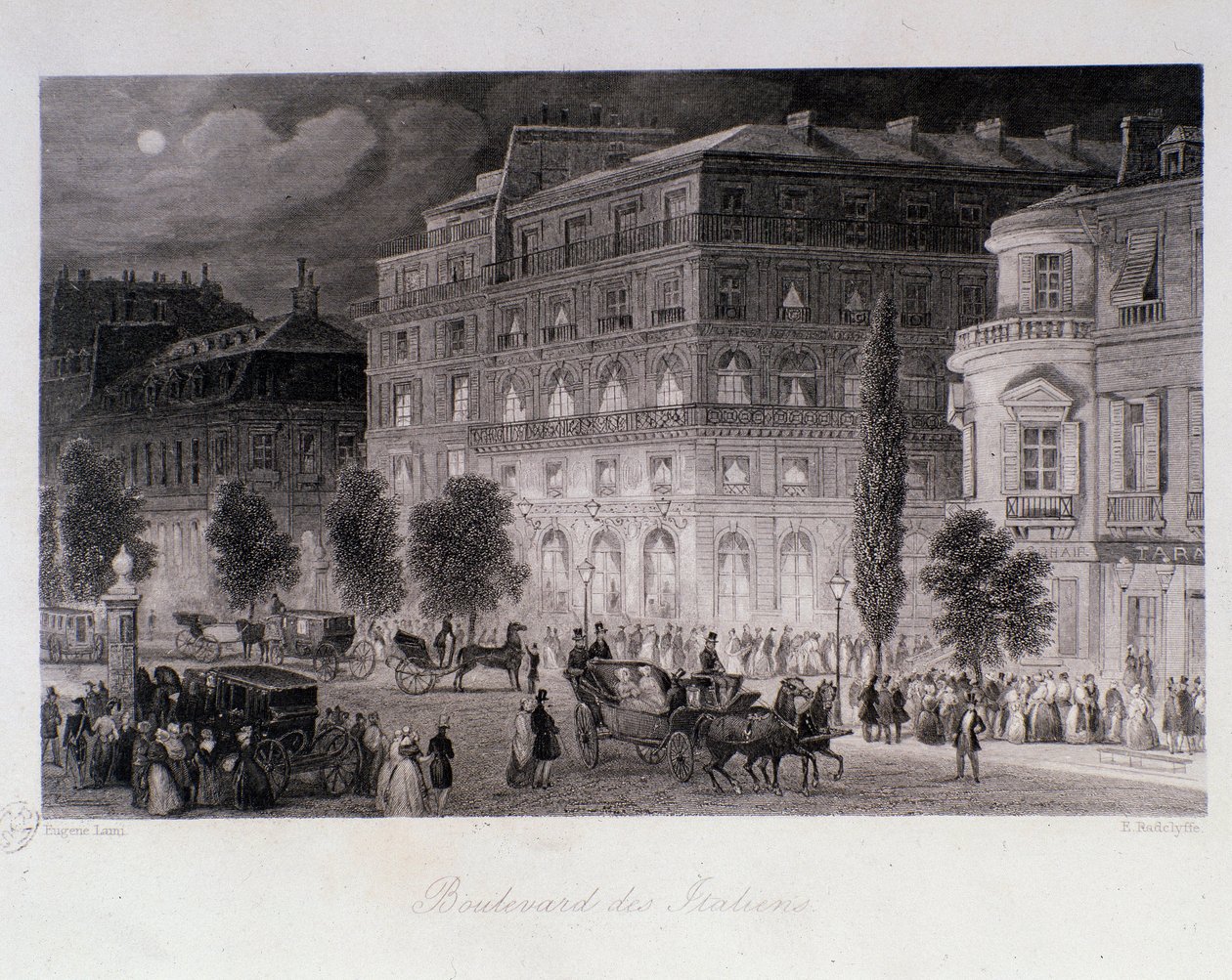 الرسوم المتحركة حول مسارح شارع الإيطاليين في باريس. نقش يوجين لويس لامي (1800-1890) مجموعة خاصة 1843 بواسطة يوجين لويس لامي