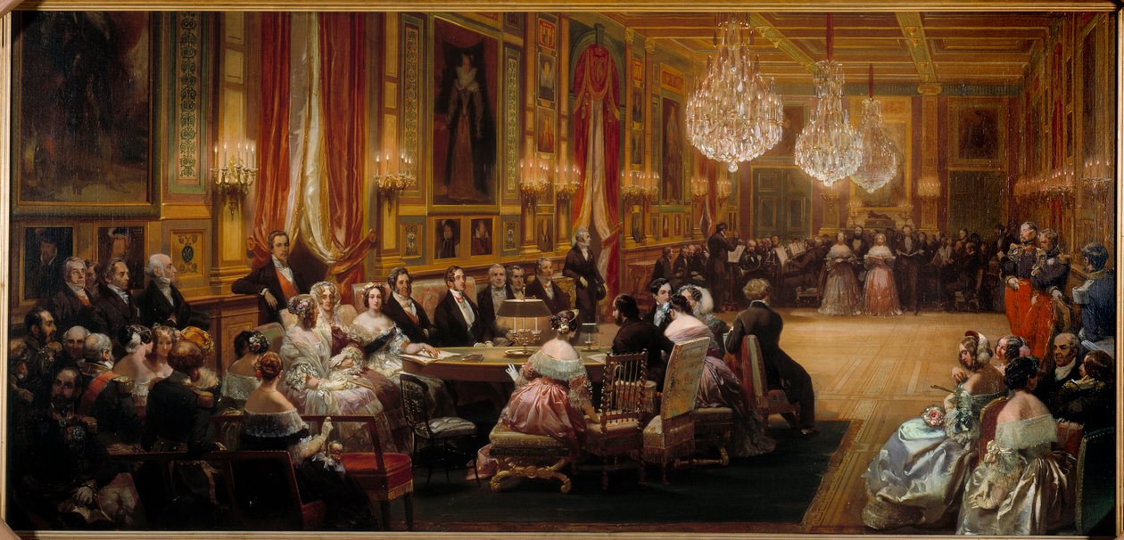 يقود أوبير مغنيي الأوبرا الكوميدية أمام لويس فيليب الأول (1773-1850) والعائلة المالكة والملكة فيكتوريا والأمير ألبرت. لوحة بواسطة يوجين لويس لامي (1800-1890) 1844 صن. 0،83x1،72 م بواسطة يوجين لويس لامي