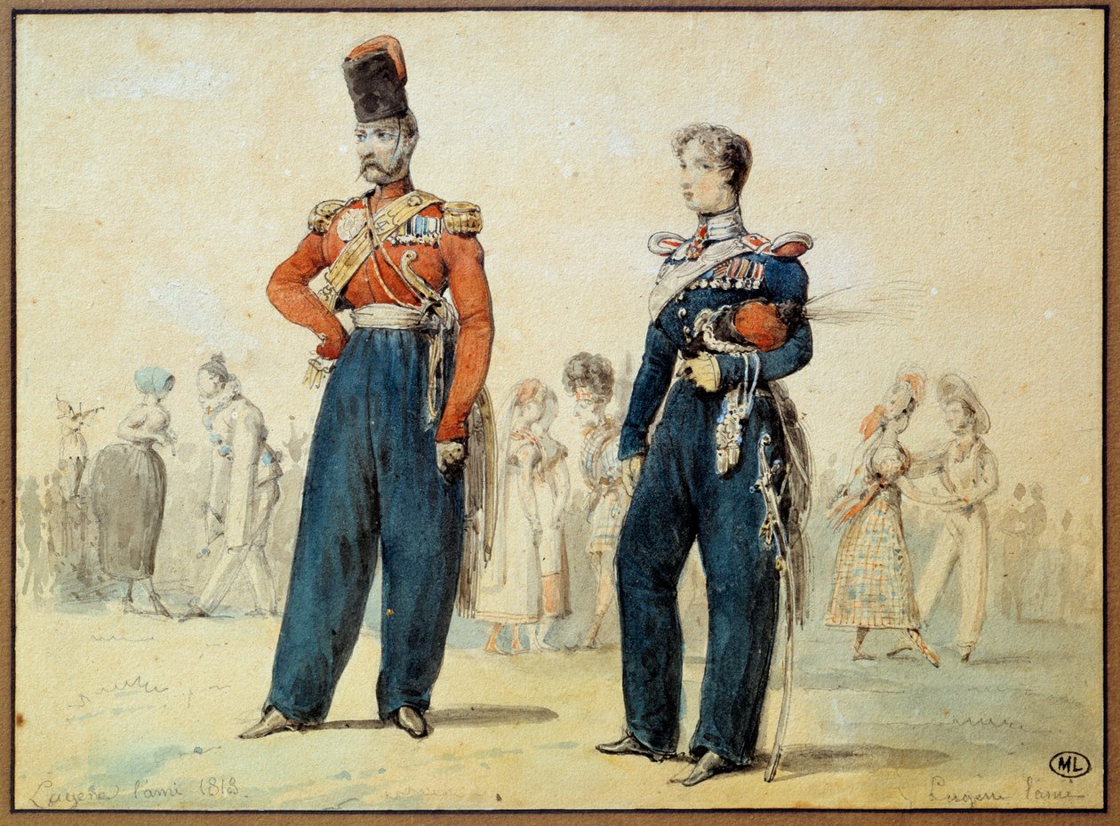 بدلة الكرة: رجلين يرتديان الزي العسكري. رسم بواسطة يوجين لويس لامي (1800-1890) القرن التاسع عشر في باريس ، متحف اللوفر بواسطة يوجين لويس لامي