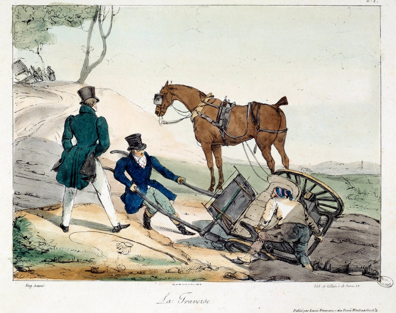 حادث عربة بسبب السكة الحديدية. رسم توضيحي لكتاب "La vie de chateau". نقش يوجين لويس لامي (1800-1890) بواسطة يوجين لويس لامي