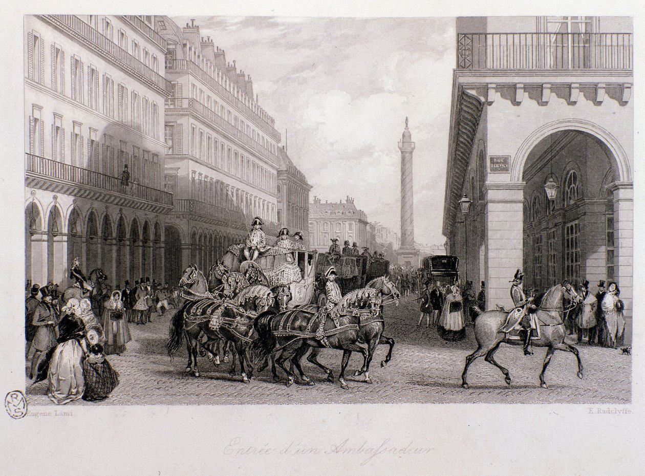 كورتيج لسفير في Place de la Bourse عند وصوله إلى باريس. نقش يوجين لويس لامي (1800-1890) مجموعة خاصة 1843 بواسطة يوجين لويس لامي