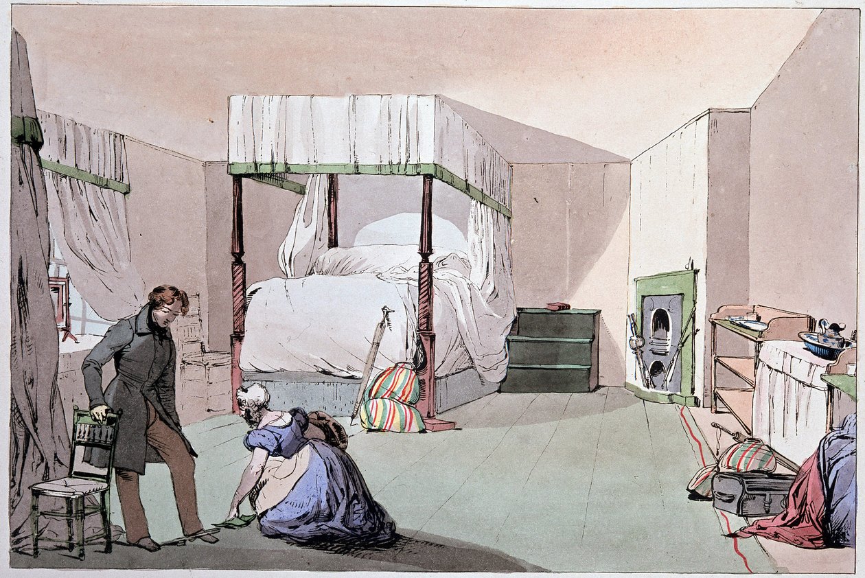 النزل: خادمة تساعد الزبون على ارتداء الأحذية. رسم إيوجين لويس لامي (1800-1890) ، منتصف القرن التاسع عشر بواسطة يوجين لويس لامي