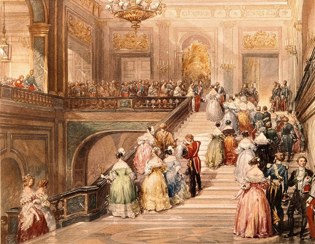 استقبل الملك لويس فيليب الأول (1773 - 1850) والملكة ماري أميلي دي بوربون (1782 - 1866) الضيوف بمناسبة افتتاح متحف فرساي في عام 1837. رسم يوجين لامي (1800 - 1890). بواسطة يوجين لويس لامي