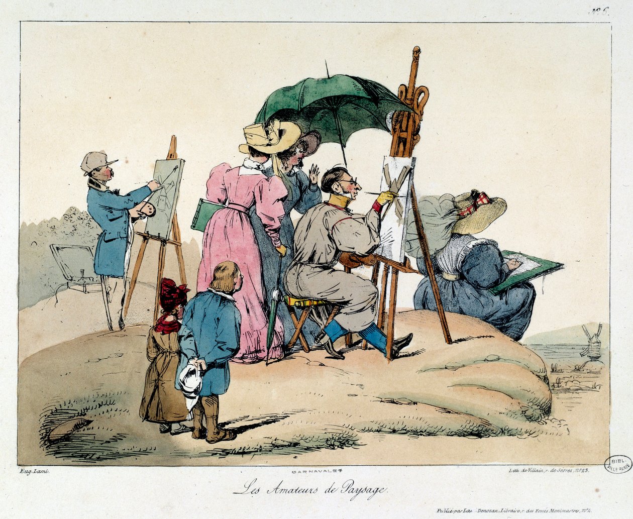 Landscape lovers. Presented painters regroups to paint a maritime landscape. Illustration of the book la vie de chateau بواسطة يوجين لويس لامي