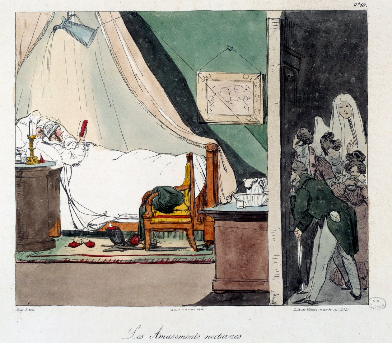 متعة الليل. يخشى الأطفال تخويف الشخص الذي يقرأ في السرير. رسم توضيحي لكتاب "La vie de chateau". نقش يوجين لويس لامي (1800-1890) بواسطة يوجين لويس لامي